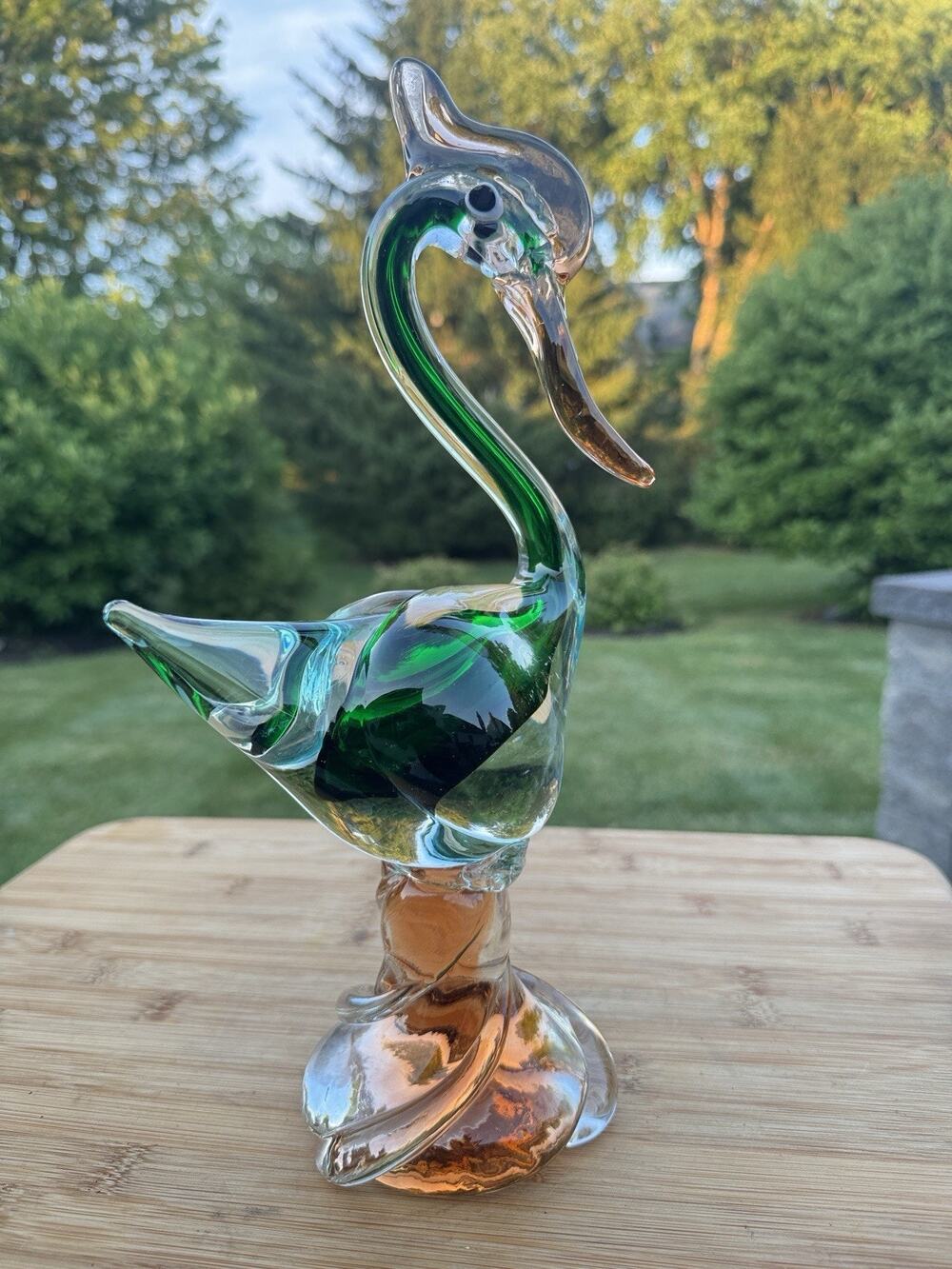 Vintage Murano Style Art Glass Swan Figurine Green Amber Sommerso Bird 13" MCM